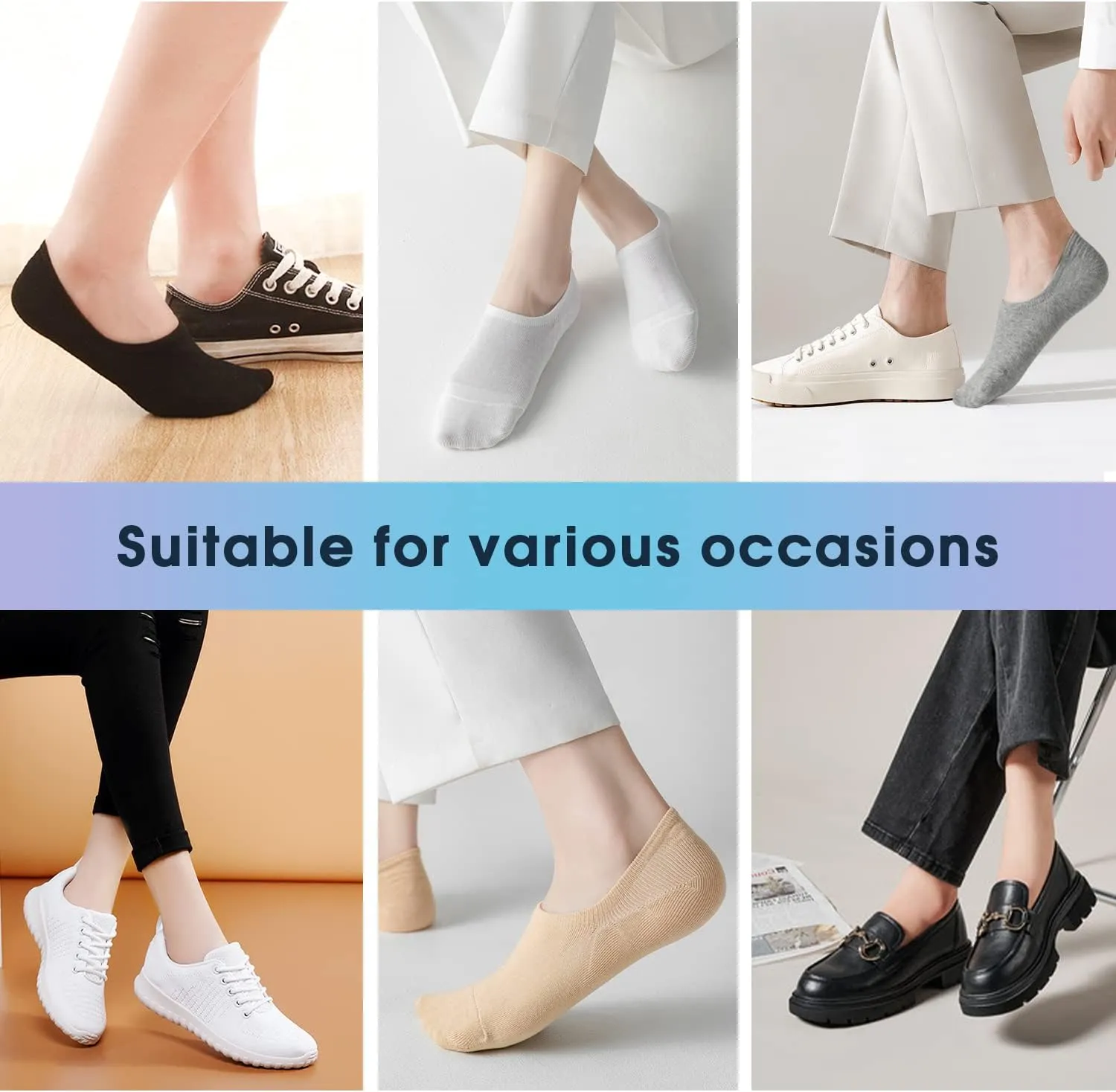 SIXDAYSOX Womens No Show Socks - 4-8 Pairs, Low Cut, Non-Slip, Invisible Cotton Liner