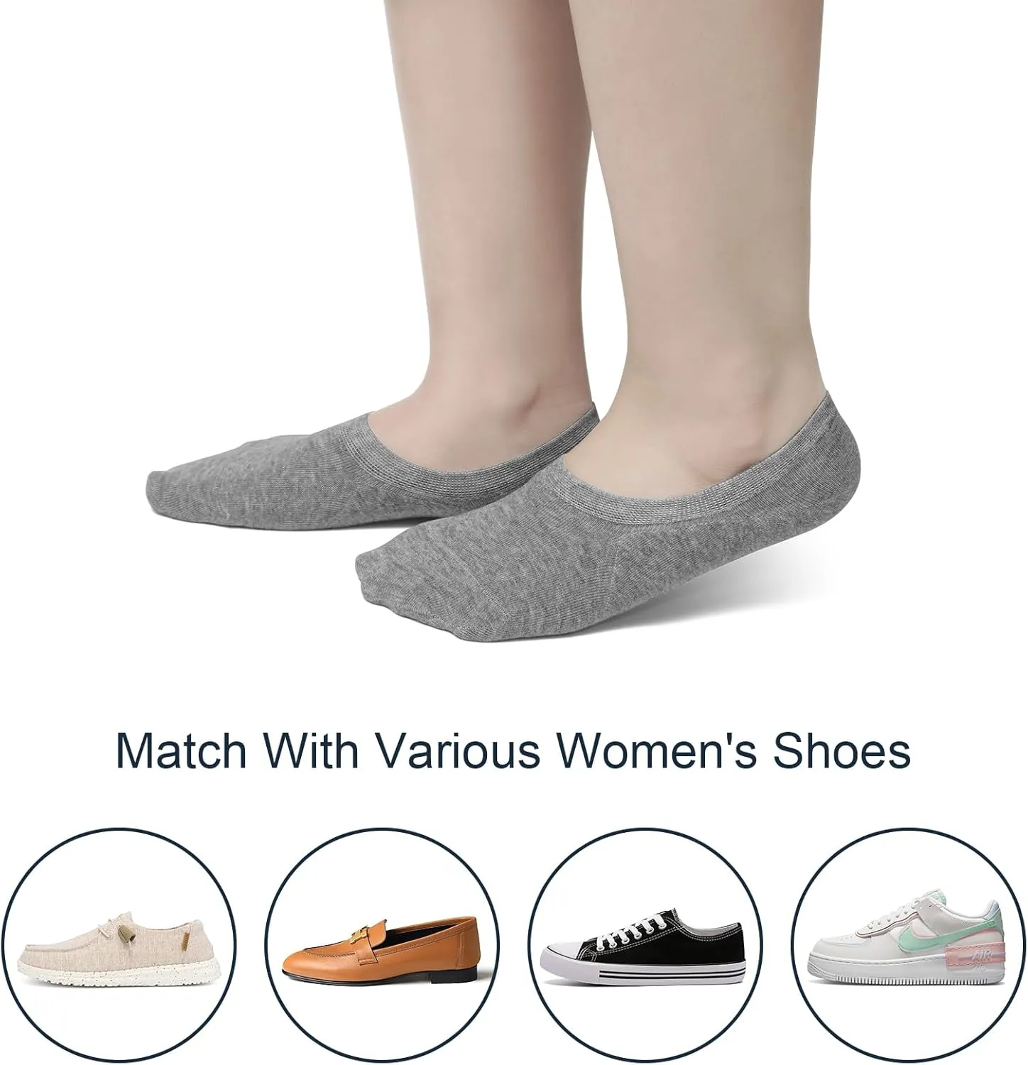 SIXDAYSOX Womens No Show Socks - 4-8 Pairs, Low Cut, Non-Slip, Invisible Cotton Liner