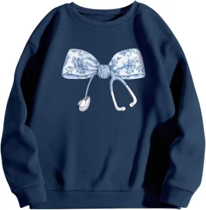 SOLY HUX Women's Cute Bow Print Crew Neck Sweatshirt Long Sleeve Loose Fit Thermal Pullover Tops