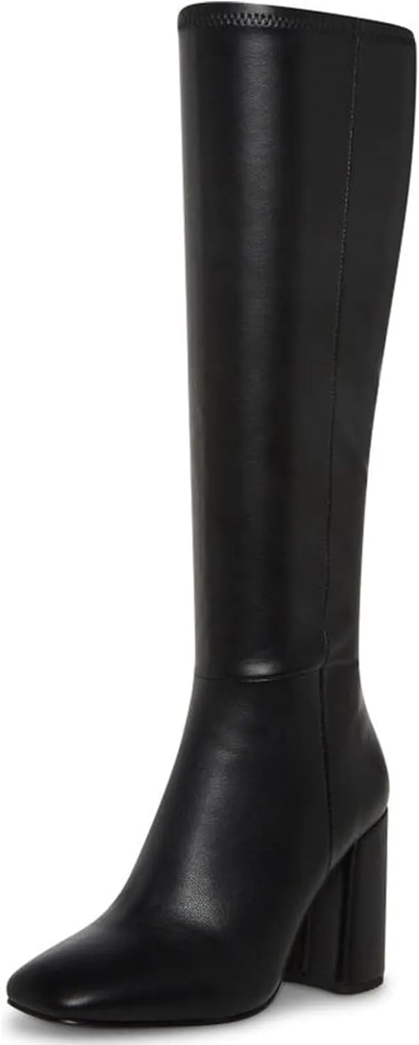 SOVANYOU Women's Faux Leather Tall Boots Fashion Square Toe Chunky Heel Knee High Boots with Side Zip