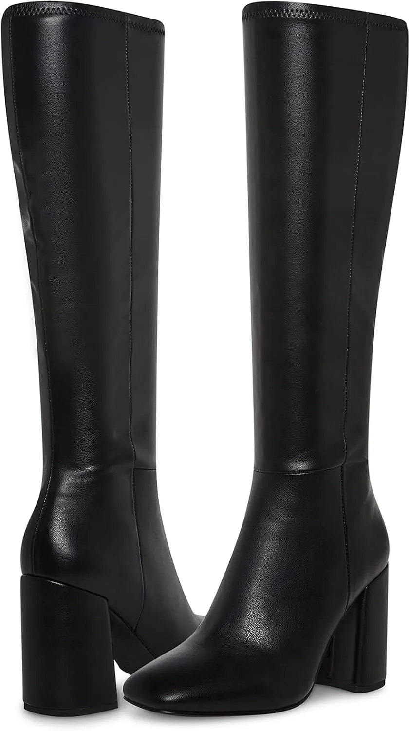 SOVANYOU Women's Faux Leather Tall Boots Fashion Square Toe Chunky Heel Knee High Boots with Side Zip