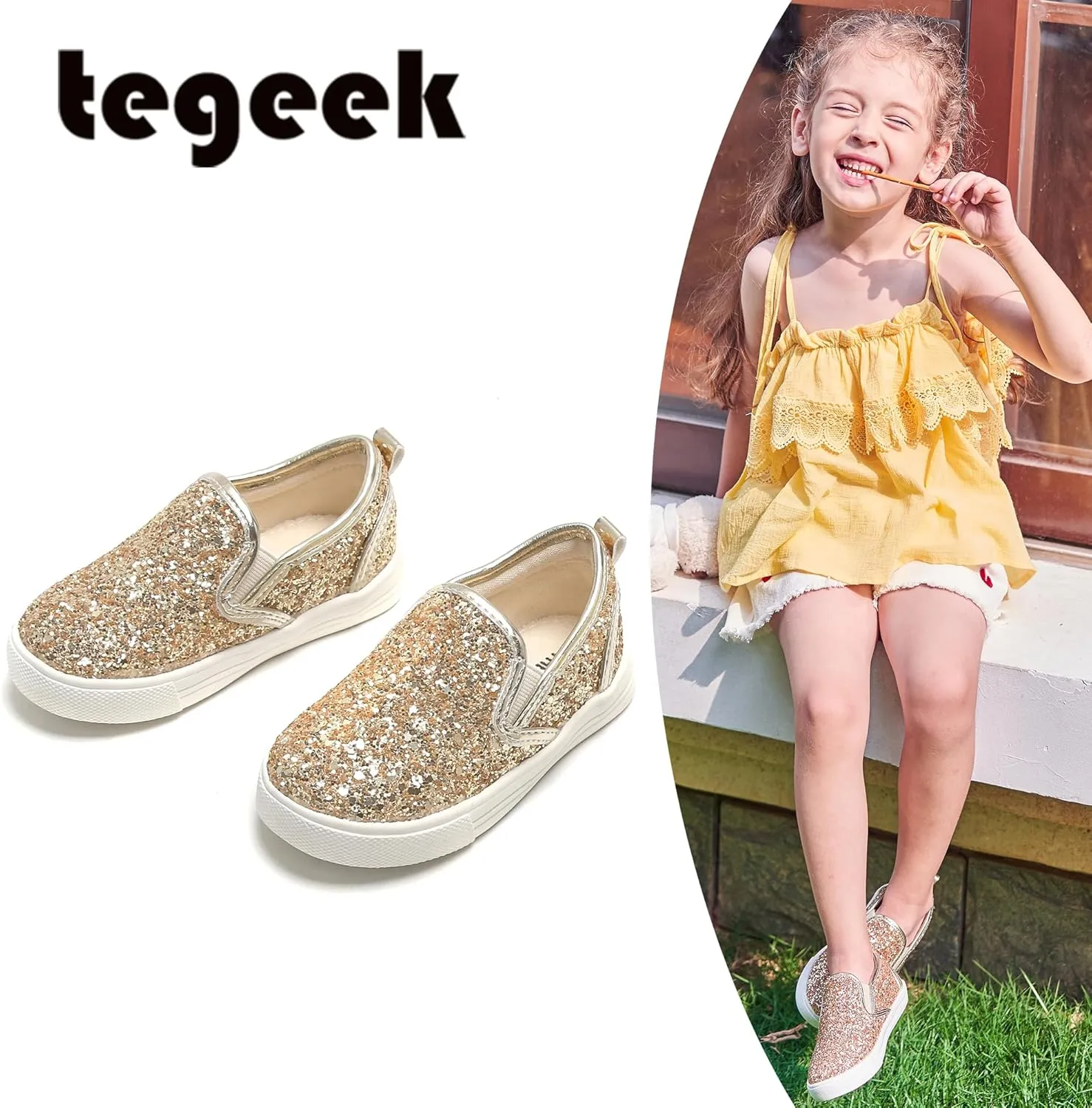Sparkly Sneakers for Girls 3-12 Years Slip-On Comfort Fit Casual Princess Shoes
