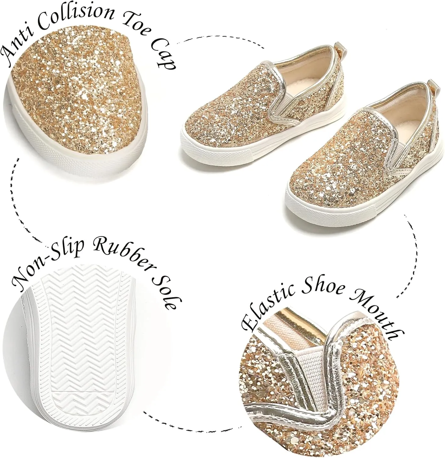 Sparkly Sneakers for Girls 3-12 Years Slip-On Comfort Fit Casual Princess Shoes