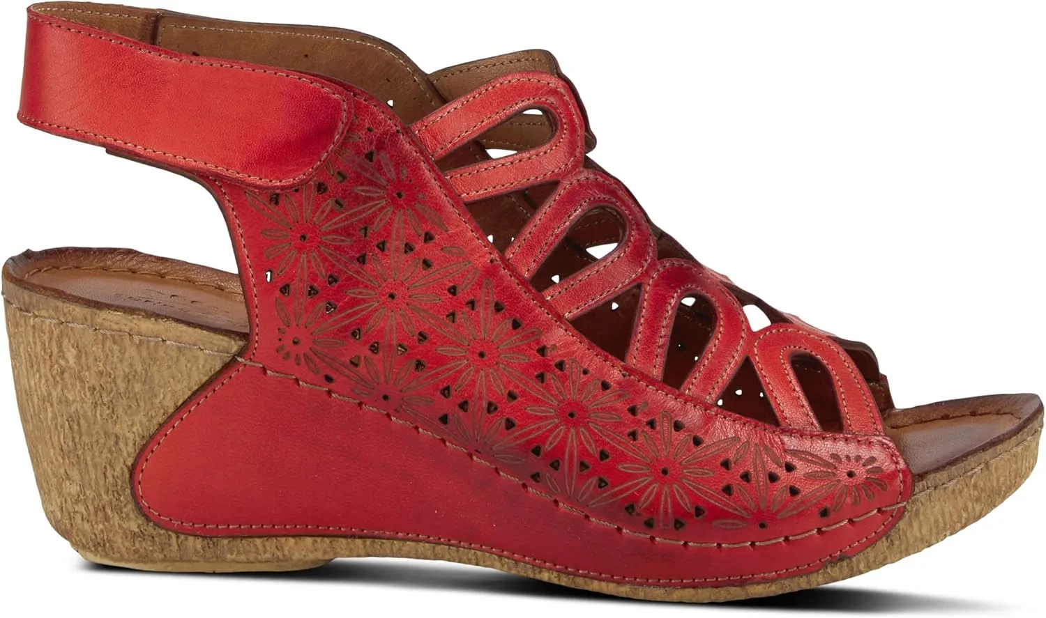 Spring Step Inocencia Women's Leather Wedge Sandals | Low Heel Sandals for Women with Floral Laser Cut Design, Hook and Loop Strap, Mediterranean Style