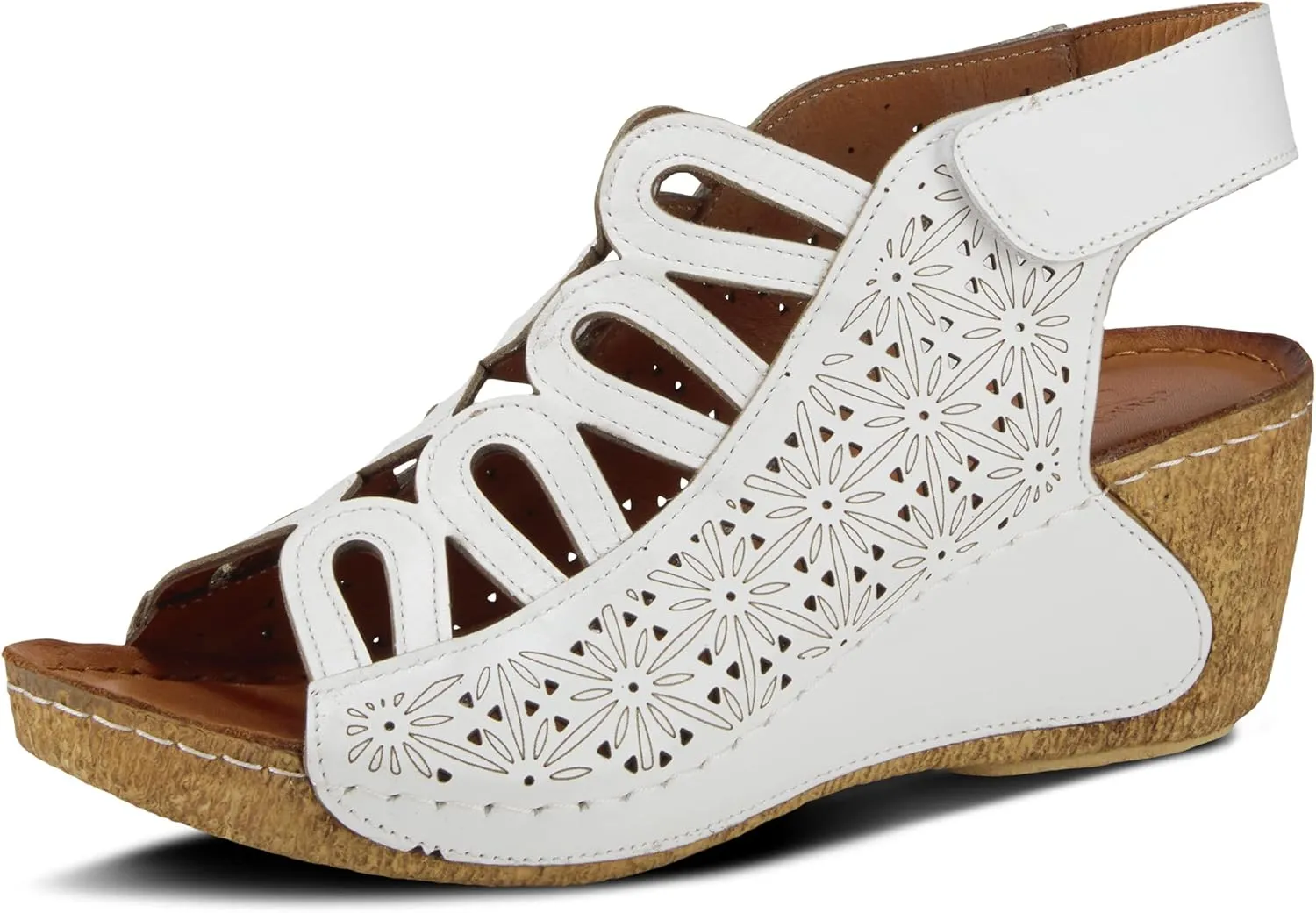 Spring Step Inocencia Women's Leather Wedge Sandals | Low Heel Sandals for Women with Floral Laser Cut Design, Hook and Loop Strap, Mediterranean Style