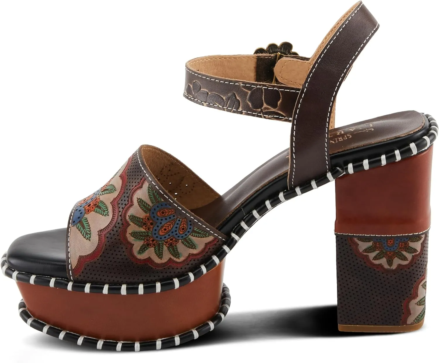 Spring Step L'Artiste Women's GOGETEM Retro Platform Sandals - Hand-Painted Flower Design, Decorative Floral Buckle