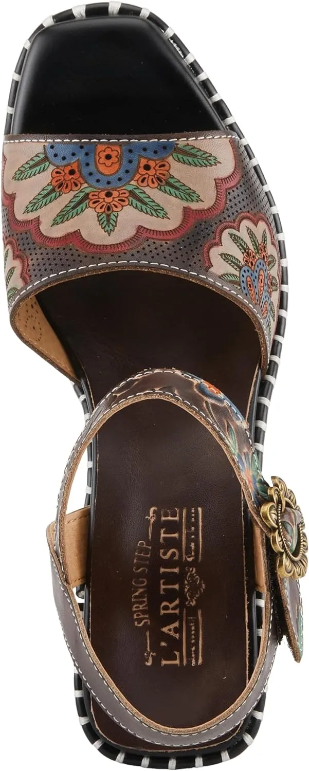 Spring Step L'Artiste Women's GOGETEM Retro Platform Sandals - Hand-Painted Flower Design, Decorative Floral Buckle