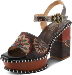 Spring Step L'Artiste Women's GOGETEM Retro Platform Sandals - Hand-Painted Flower Design, Decorative Floral Buckle