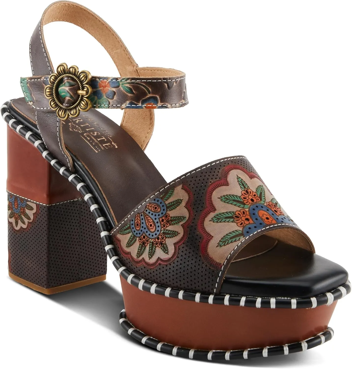 Spring Step L'Artiste Women's GOGETEM Retro Platform Sandals - Hand-Painted Flower Design, Decorative Floral Buckle