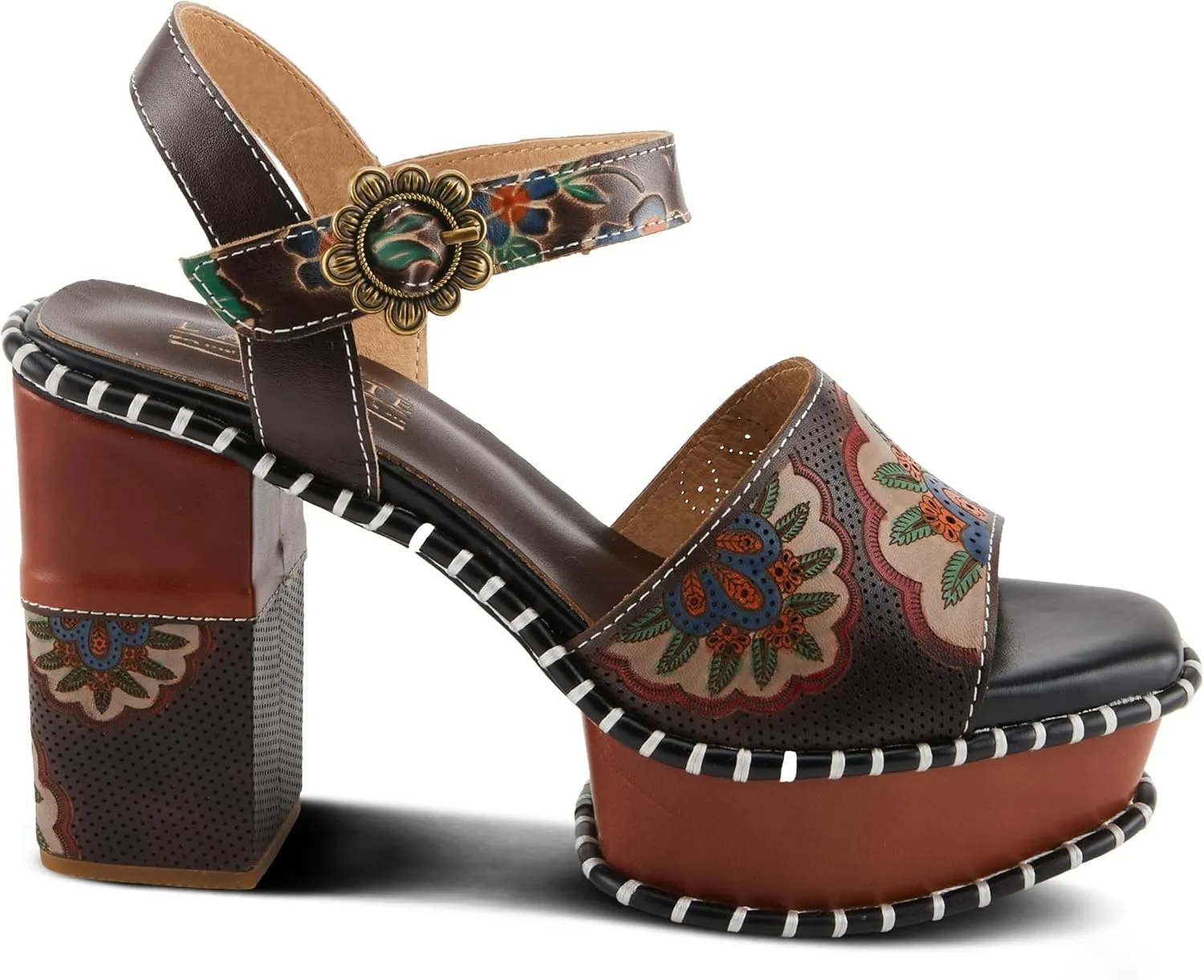 Spring Step L'Artiste Women's GOGETEM Retro Platform Sandals - Hand-Painted Flower Design, Decorative Floral Buckle