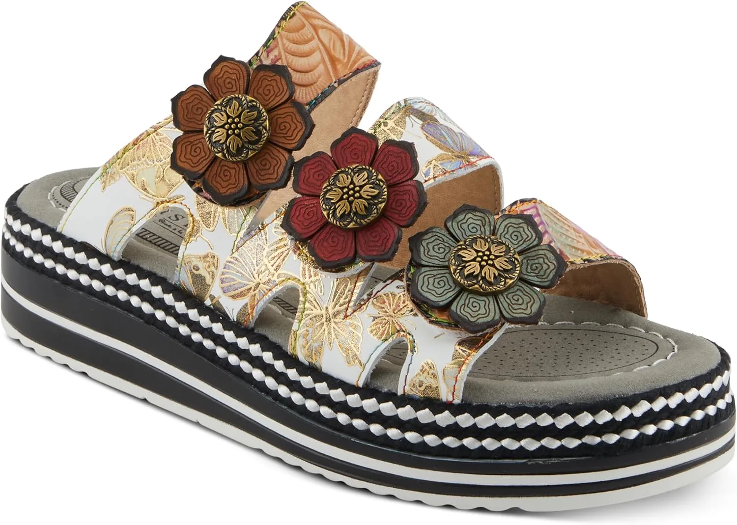 Spring Step L'Artiste Women's NAOMI-MONARCH Comfortable Butterfly Slide Sandals | Hand-Painted Leather Flowers, Hook and Loop Closure