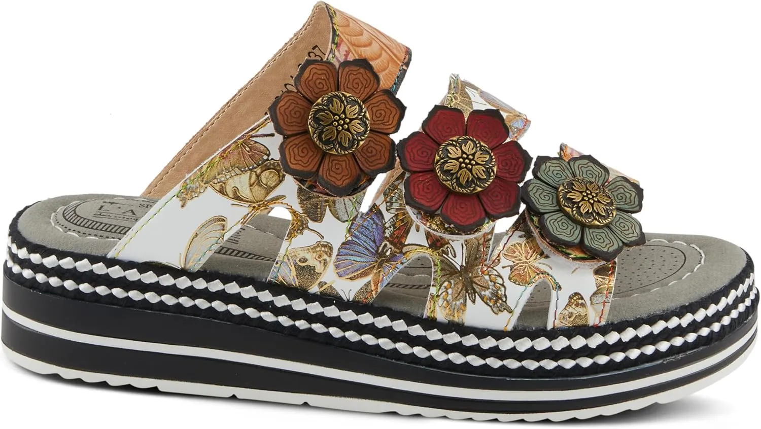 Spring Step L'Artiste Women's NAOMI-MONARCH Comfortable Butterfly Slide Sandals | Hand-Painted Leather Flowers, Hook and Loop Closure