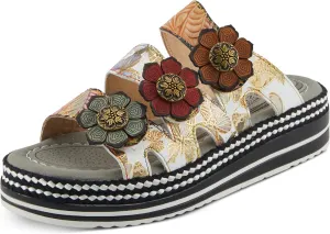 Spring Step L'Artiste Women's NAOMI-MONARCH Comfortable Butterfly Slide Sandals | Hand-Painted Leather Flowers, Hook and Loop Closure