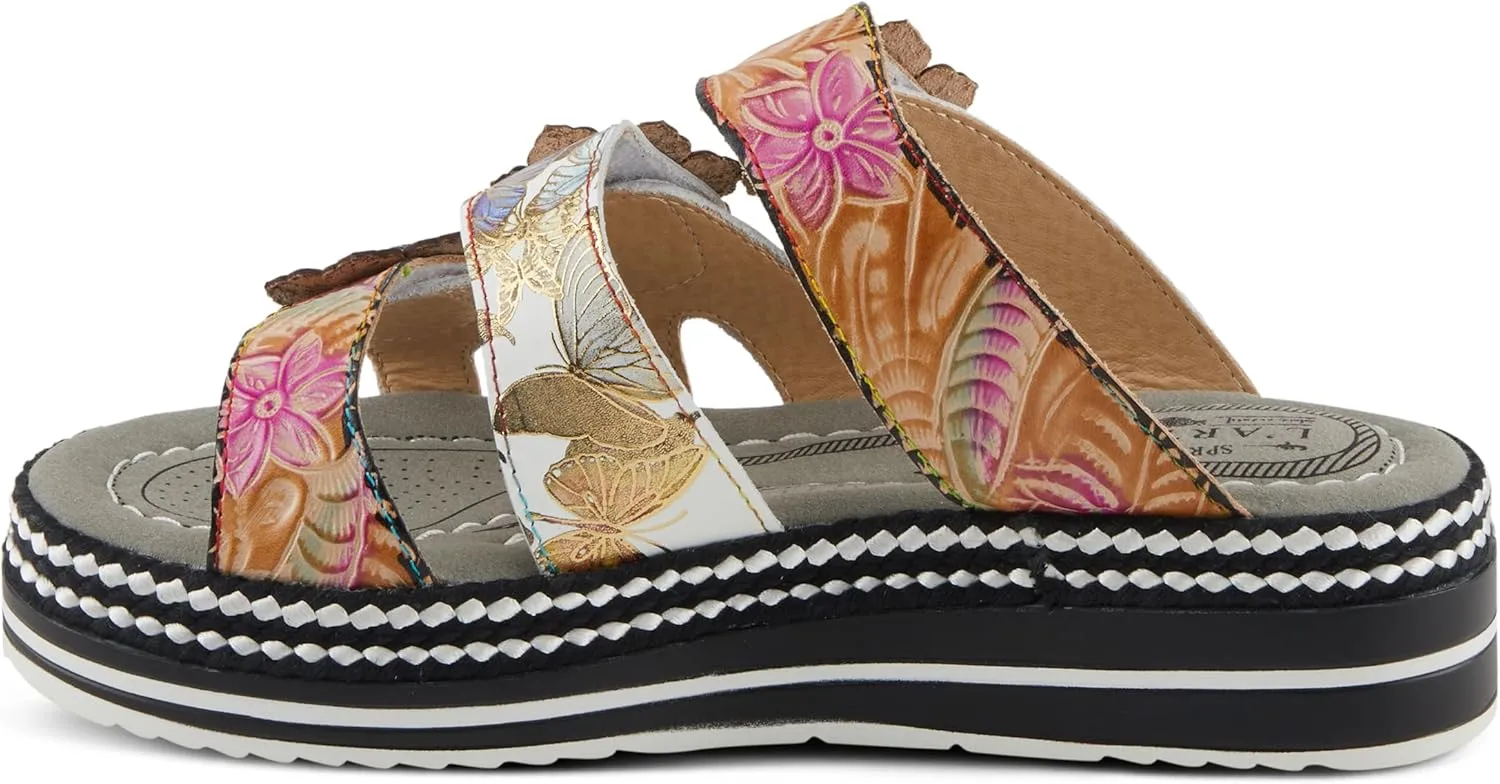 Spring Step L'Artiste Women's NAOMI-MONARCH Comfortable Butterfly Slide Sandals | Hand-Painted Leather Flowers, Hook and Loop Closure