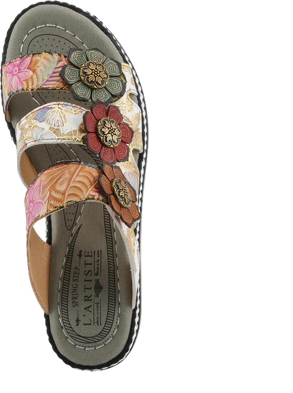 Spring Step L'Artiste Women's NAOMI-MONARCH Comfortable Butterfly Slide Sandals | Hand-Painted Leather Flowers, Hook and Loop Closure