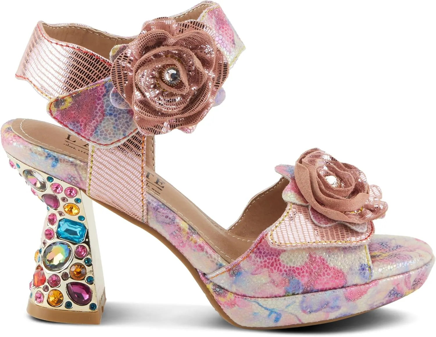 Spring Step L'Artiste Women's SMASHING Metallic Leather Sandals - Opulent Decorative Flowers, Sculpted Jewel Heel, Wearable Art Footwear