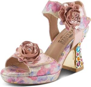 Spring Step L'Artiste Women's SMASHING Metallic Leather Sandals - Opulent Decorative Flowers, Sculpted Jewel Heel, Wearable Art Footwear