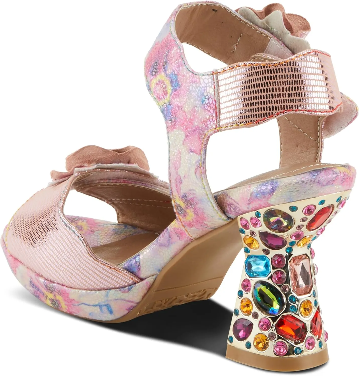 Spring Step L'Artiste Women's SMASHING Metallic Leather Sandals - Opulent Decorative Flowers, Sculpted Jewel Heel, Wearable Art Footwear