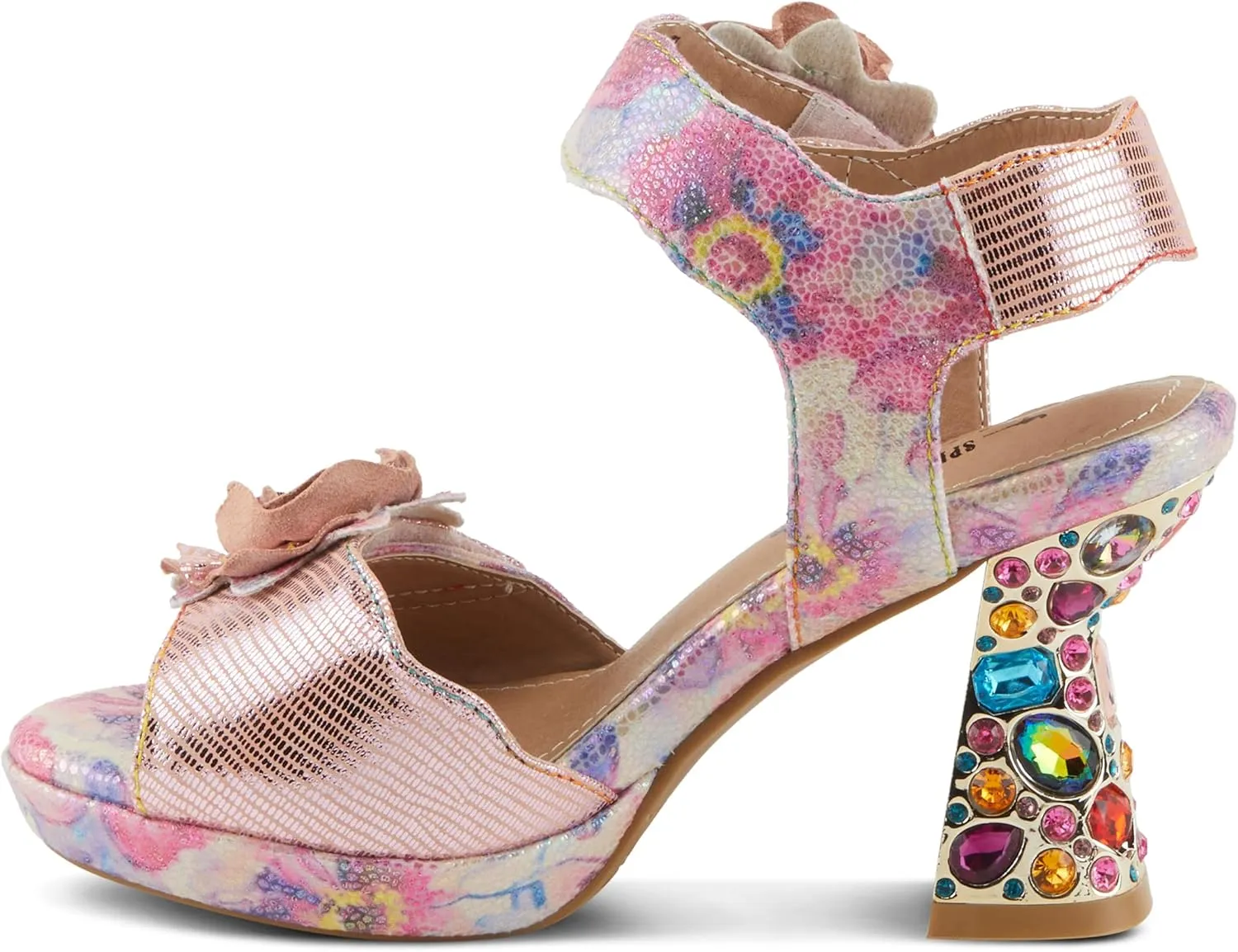 Spring Step L'Artiste Women's SMASHING Metallic Leather Sandals - Opulent Decorative Flowers, Sculpted Jewel Heel, Wearable Art Footwear