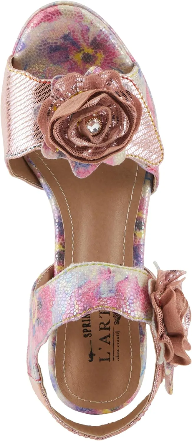 Spring Step L'Artiste Women's SMASHING Metallic Leather Sandals - Opulent Decorative Flowers, Sculpted Jewel Heel, Wearable Art Footwear