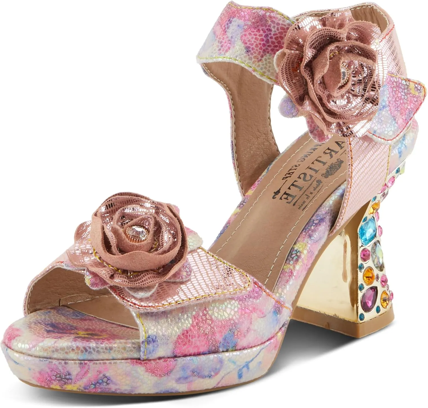 Spring Step L'Artiste Women's SMASHING Metallic Leather Sandals - Opulent Decorative Flowers, Sculpted Jewel Heel, Wearable Art Footwear