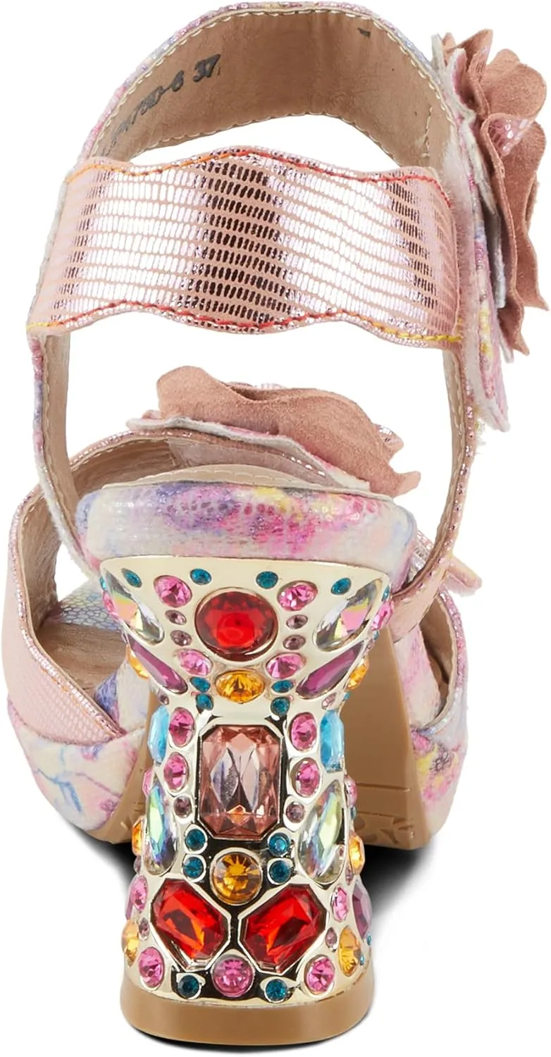 Spring Step L'Artiste Women's SMASHING Metallic Leather Sandals - Opulent Decorative Flowers, Sculpted Jewel Heel, Wearable Art Footwear