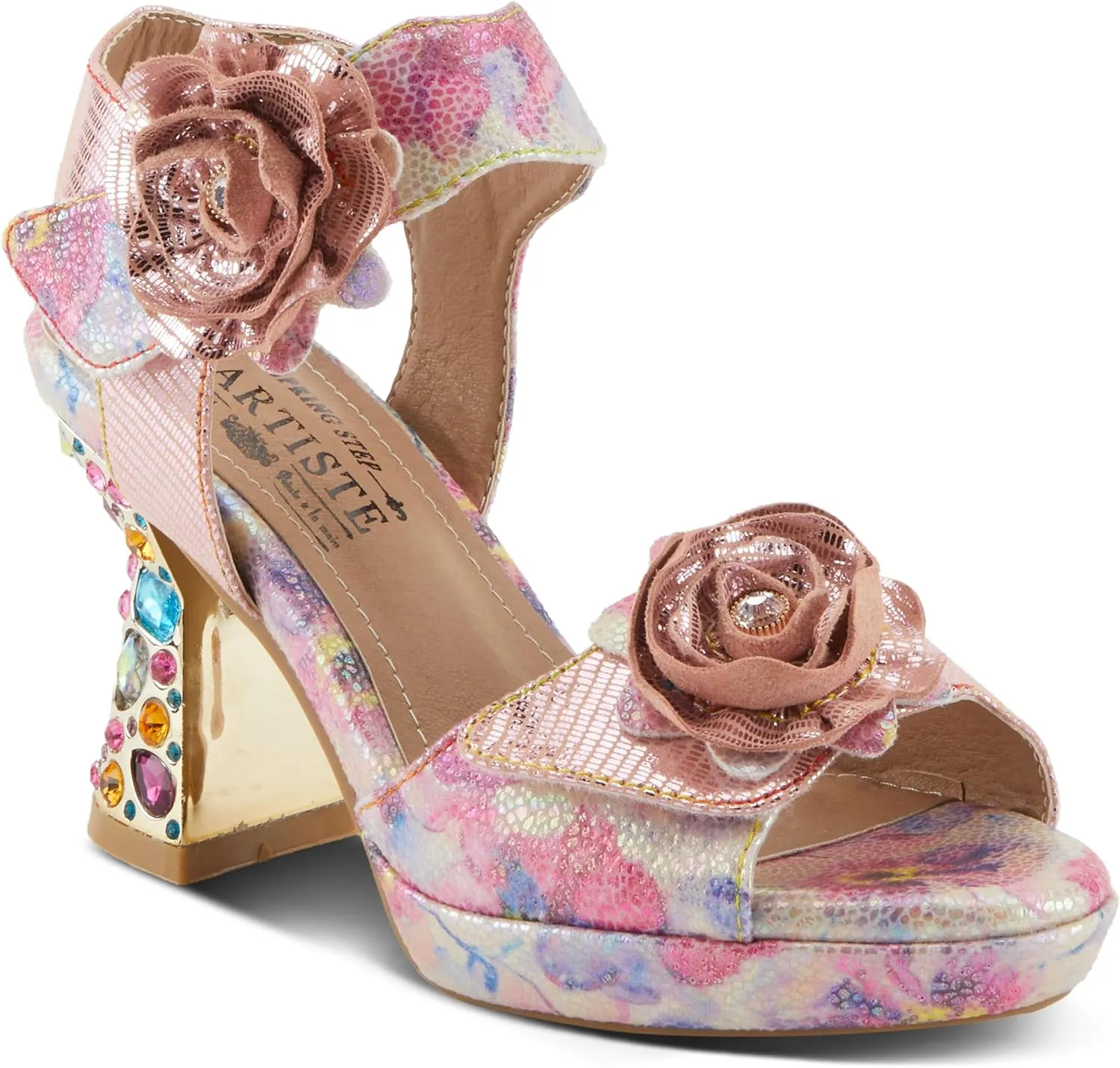Spring Step L'Artiste Women's SMASHING Metallic Leather Sandals - Opulent Decorative Flowers, Sculpted Jewel Heel, Wearable Art Footwear