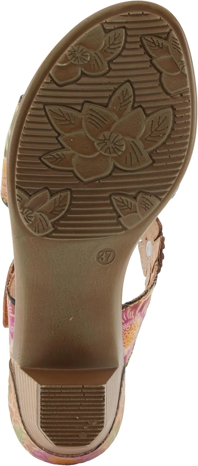 Spring Step L'Artiste Women's SUMMERFUN Hand-Painted Sandals - Leather Wrapped Heel, Asymmetrical Flower Design