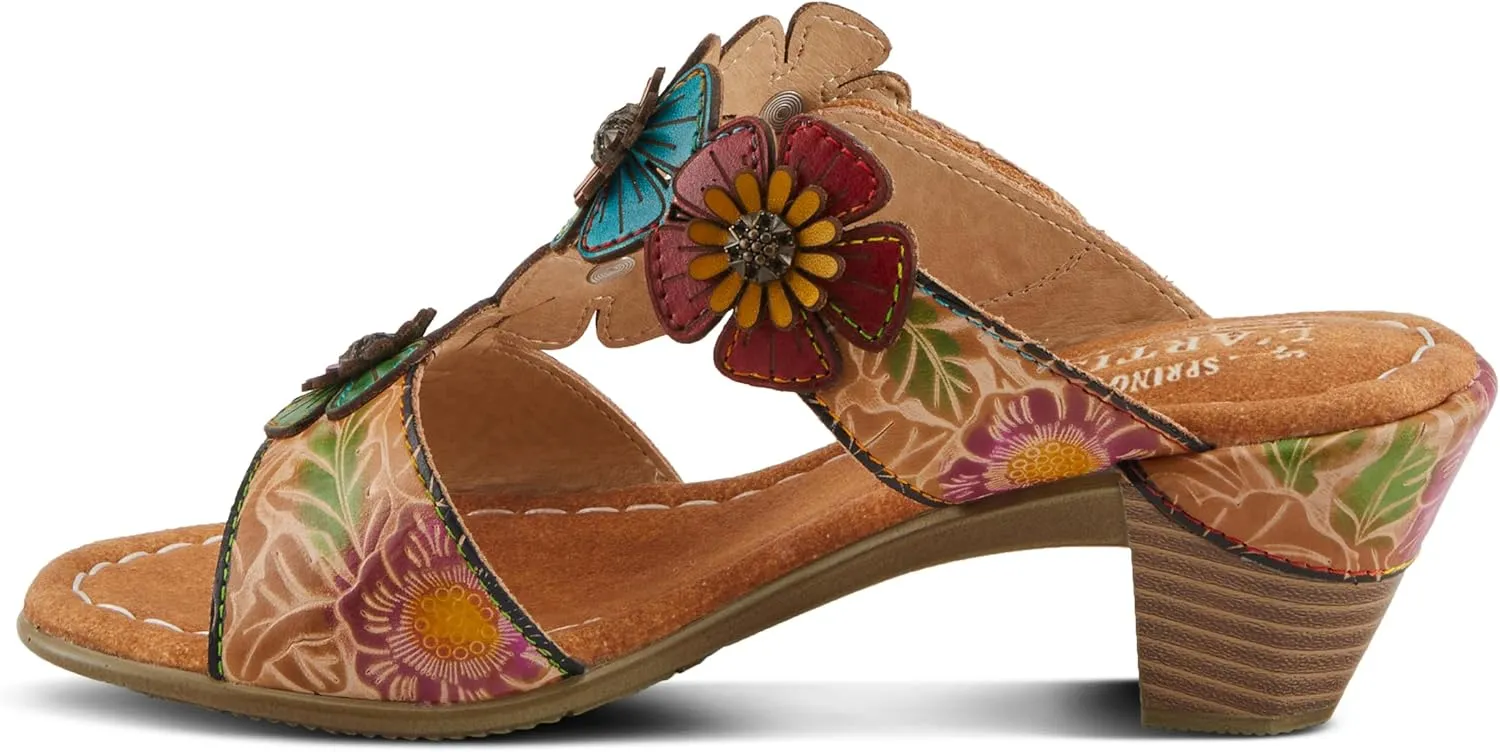 Spring Step L'Artiste Women's SUMMERFUN Hand-Painted Sandals - Leather Wrapped Heel, Asymmetrical Flower Design