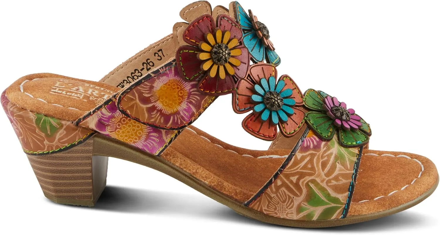 Spring Step L'Artiste Women's SUMMERFUN Hand-Painted Sandals - Leather Wrapped Heel, Asymmetrical Flower Design