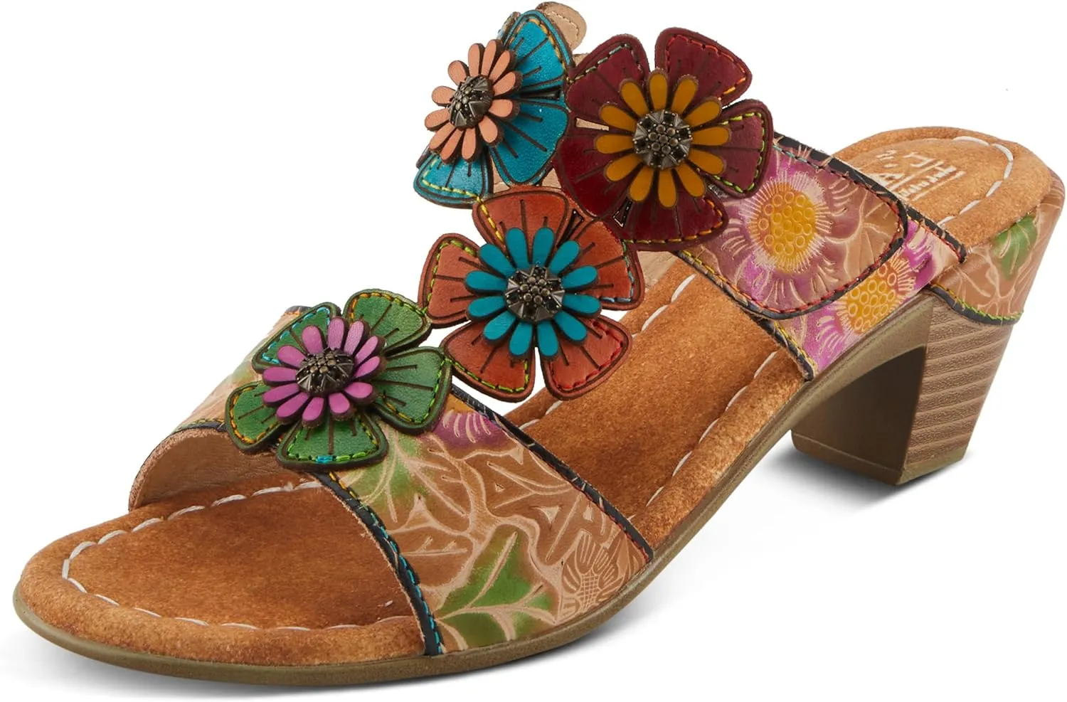 Spring Step L'Artiste Women's SUMMERFUN Hand-Painted Sandals - Leather Wrapped Heel, Asymmetrical Flower Design
