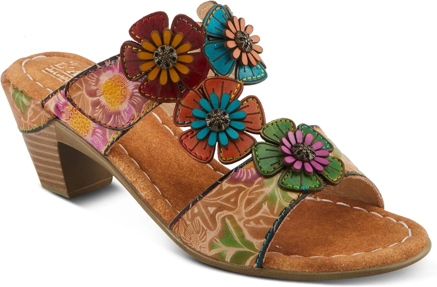 Spring Step L'Artiste Women's SUMMERFUN Hand-Painted Sandals - Leather Wrapped Heel, Asymmetrical Flower Design