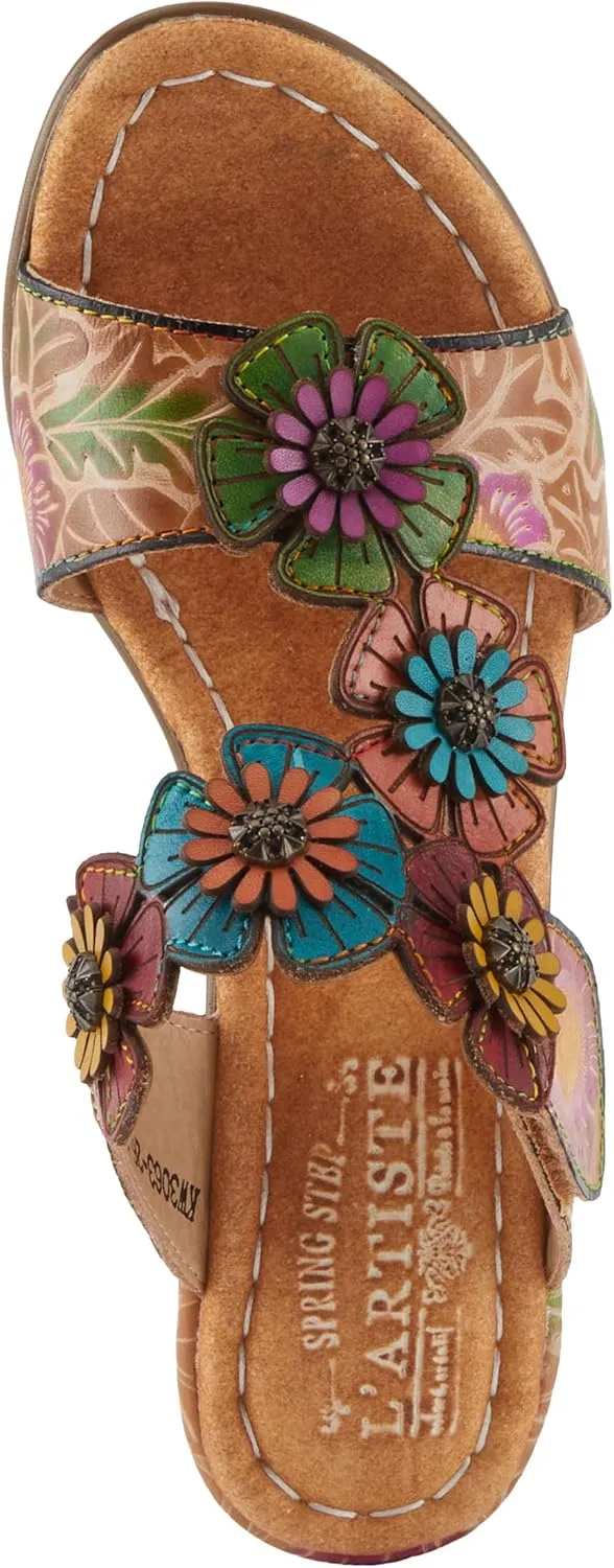 Spring Step L'Artiste Women's SUMMERFUN Hand-Painted Sandals - Leather Wrapped Heel, Asymmetrical Flower Design