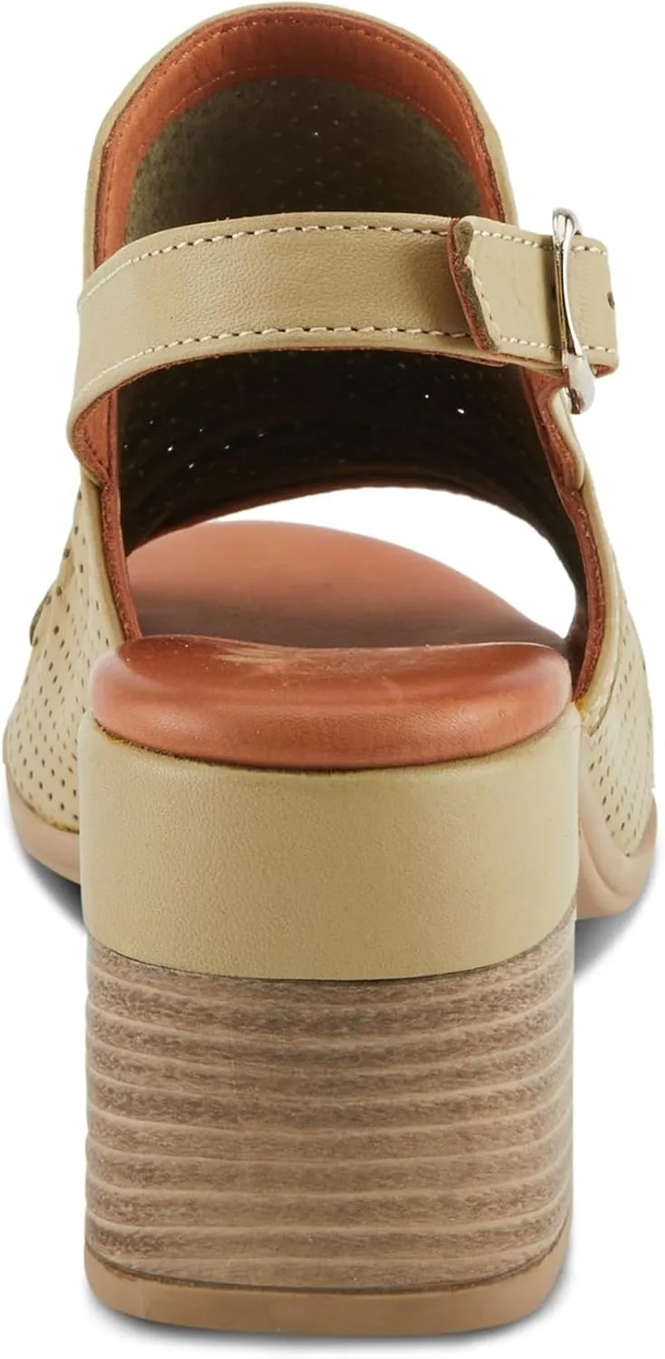Spring Step NOCTIUM Women's Stacked Heel Sandals with Perforated Leather Upper and Peep-Toe Detail