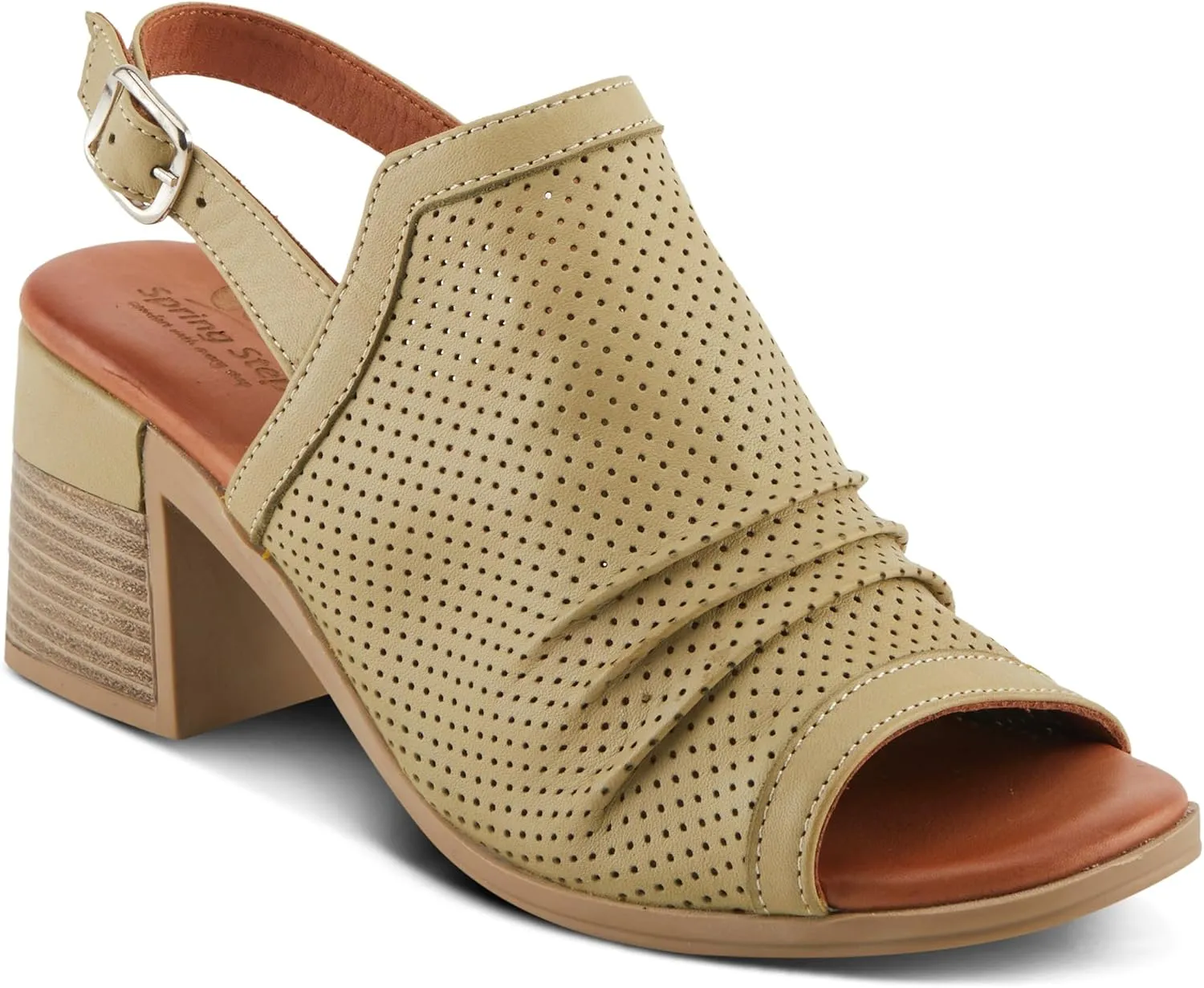 Spring Step NOCTIUM Women's Stacked Heel Sandals with Perforated Leather Upper and Peep-Toe Detail
