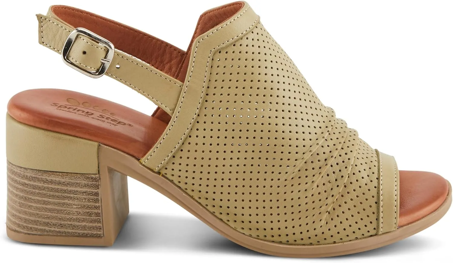 Spring Step NOCTIUM Women's Stacked Heel Sandals with Perforated Leather Upper and Peep-Toe Detail