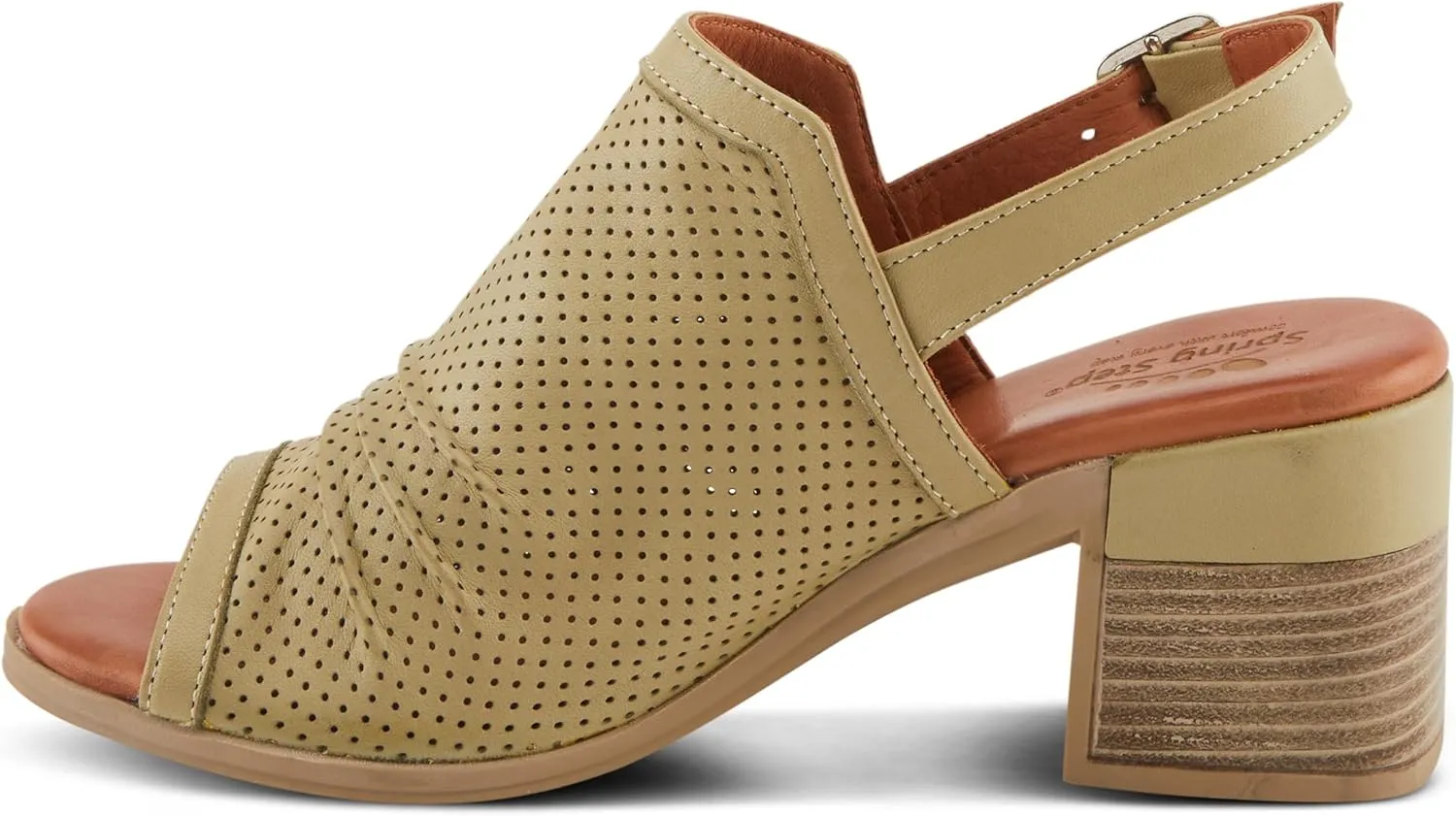 Spring Step NOCTIUM Women's Stacked Heel Sandals with Perforated Leather Upper and Peep-Toe Detail
