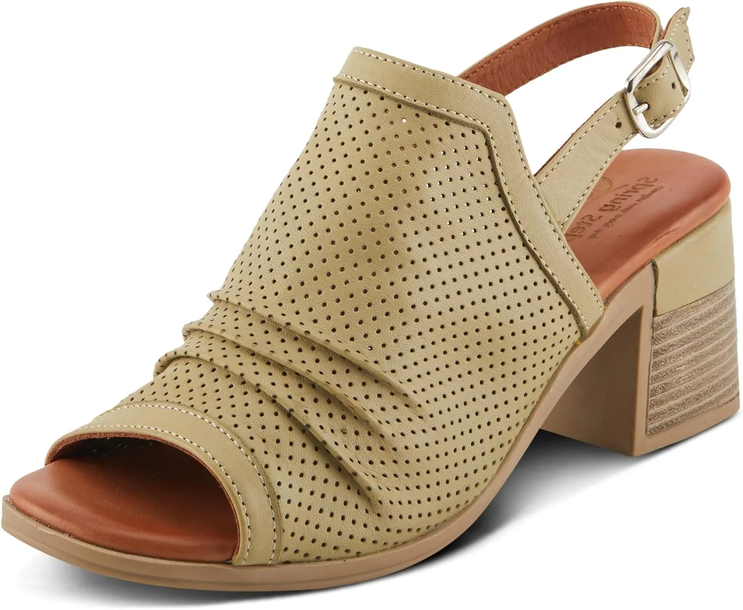 Spring Step NOCTIUM Women's Stacked Heel Sandals with Perforated Leather Upper and Peep-Toe Detail