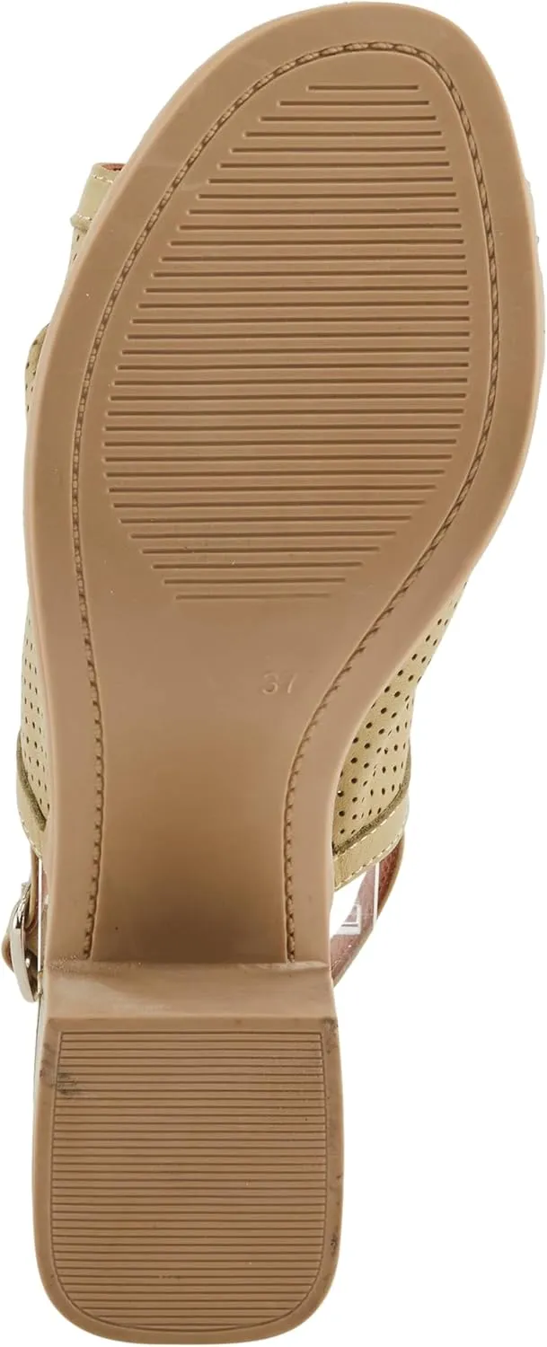 Spring Step NOCTIUM Women's Stacked Heel Sandals with Perforated Leather Upper and Peep-Toe Detail