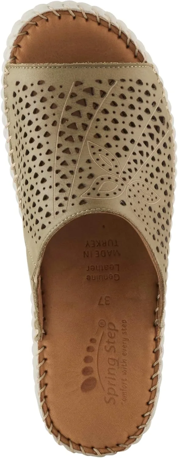 Spring Step Women's RHYDIAN Slip-On Leather Wedge Sandals – Perforated Flower Design, Cushioned Footbed, Made in Turkey