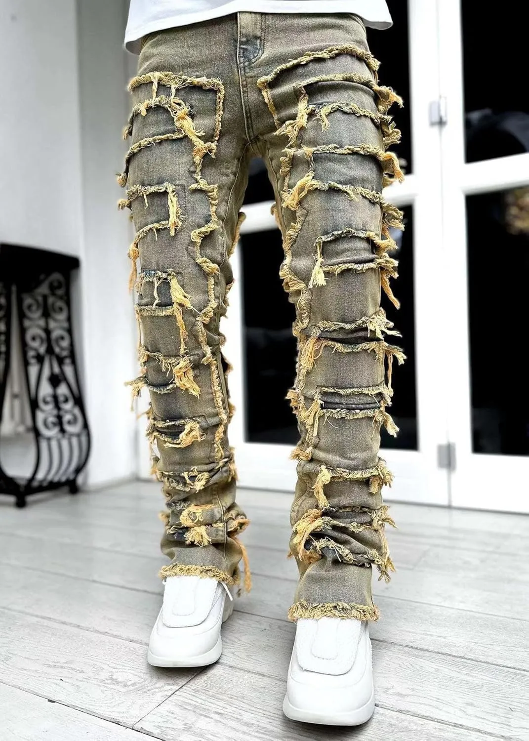 Stacked Jeans Men Skinny Ripped Jeans Slim Fit Denim Pants Y2K Goth Harajuku Emo Jeans Trouser