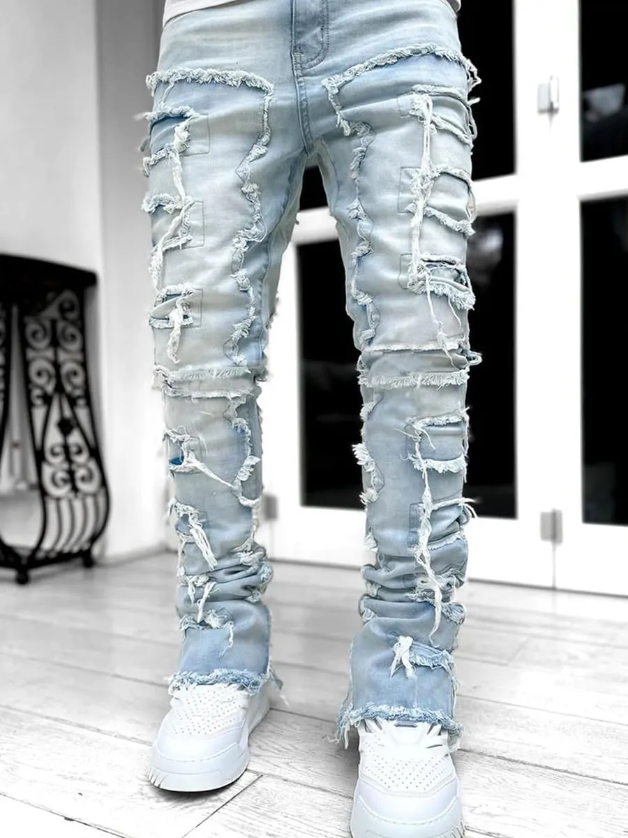 Stacked Jeans Men Skinny Ripped Jeans Slim Fit Denim Pants Y2K Goth Harajuku Emo Jeans Trouser