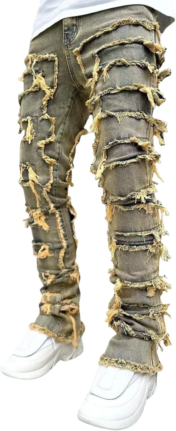 Stacked Jeans Men Skinny Ripped Jeans Slim Fit Denim Pants Y2K Goth Harajuku Emo Jeans Trouser