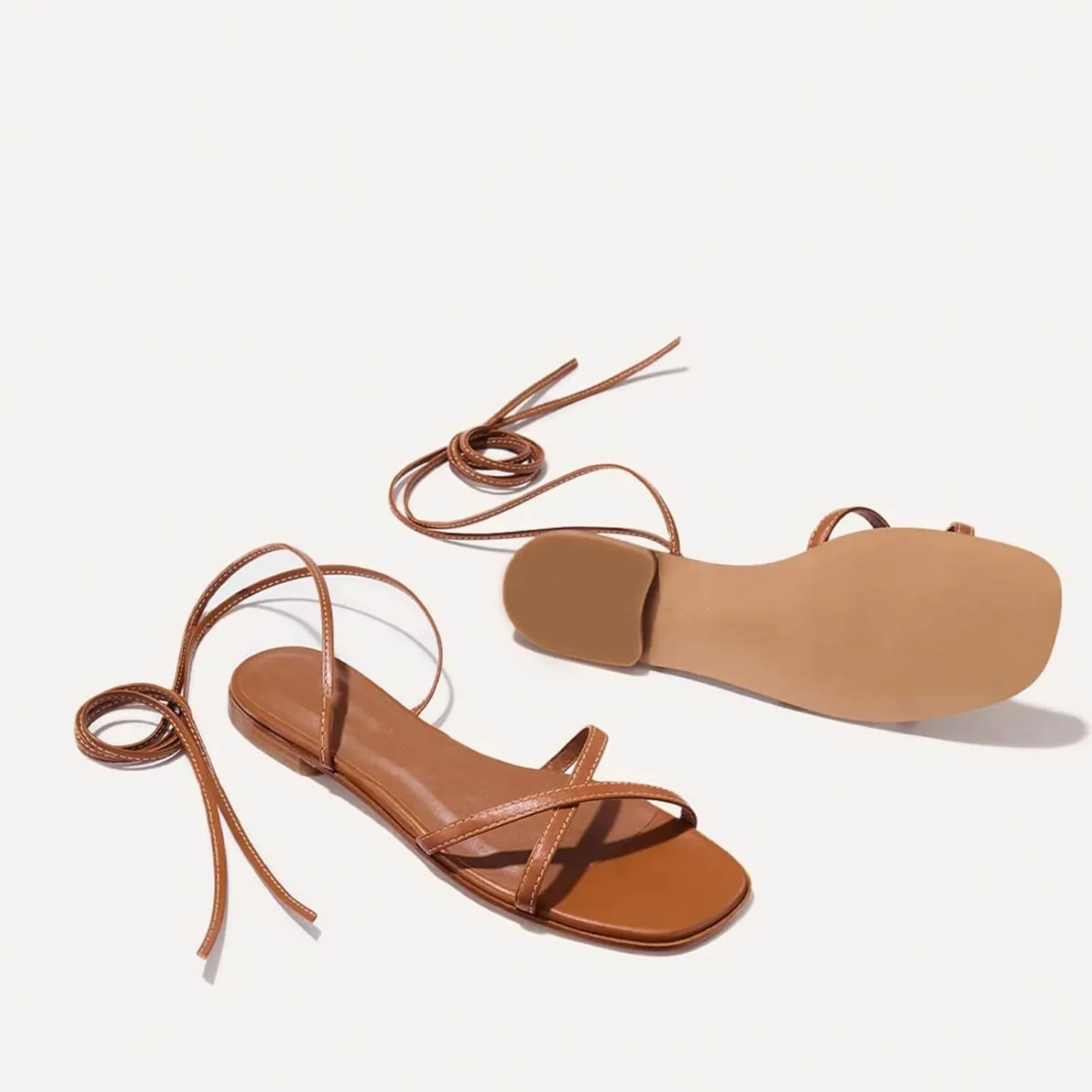 Strappy Flats Sandals for Women Leather Lace Up Flat Sandals Gladiator Square Toe Casual Beach Summer Shoes