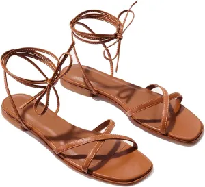 Strappy Flats Sandals for Women Leather Lace Up Flat Sandals Gladiator Square Toe Casual Beach Summer Shoes