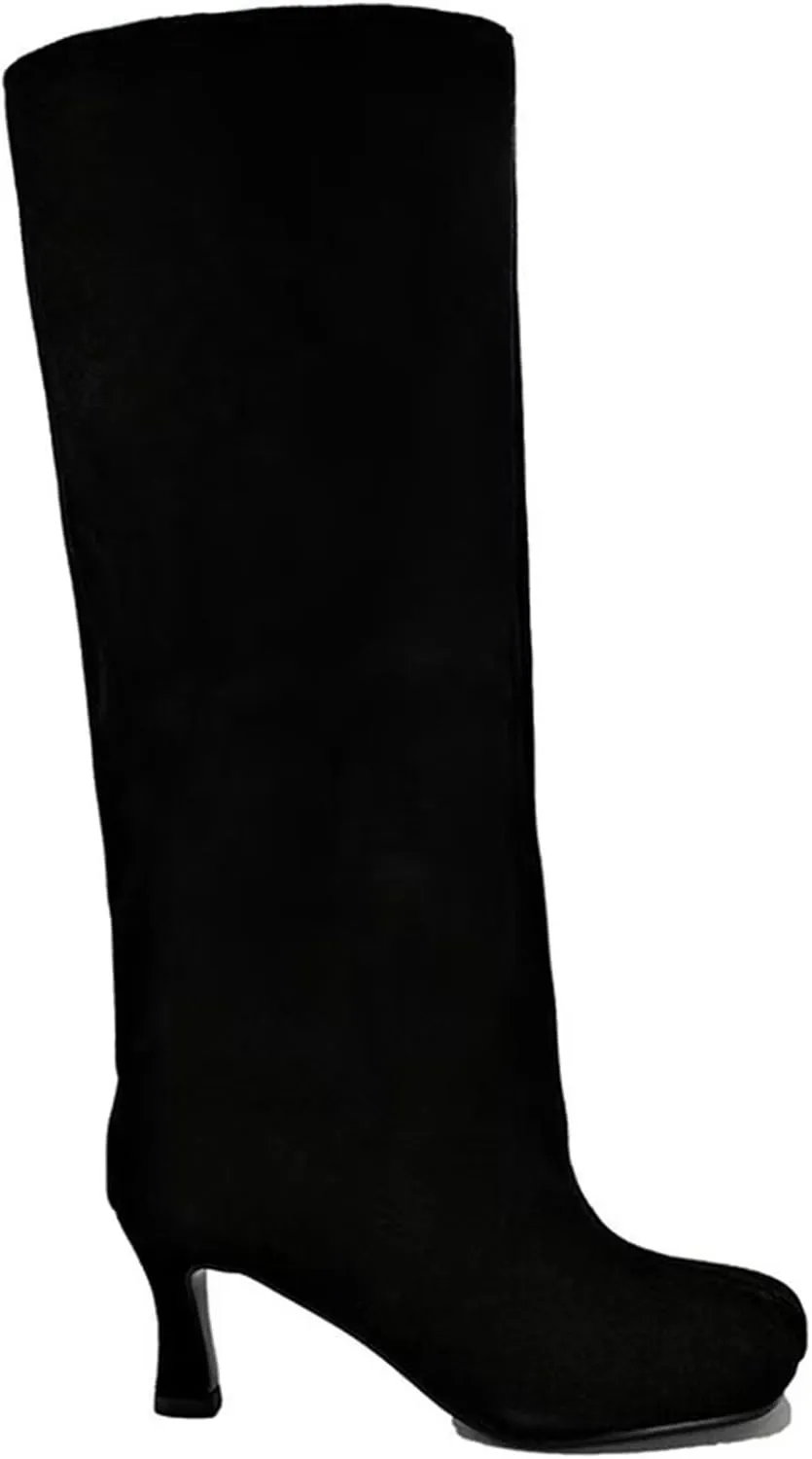 Suede Boots Wide Calf Boots with Slim High Heels Square Toe Stiletto Boots Straight Tall Boots Slouchy Boots Women's Knee High Boots