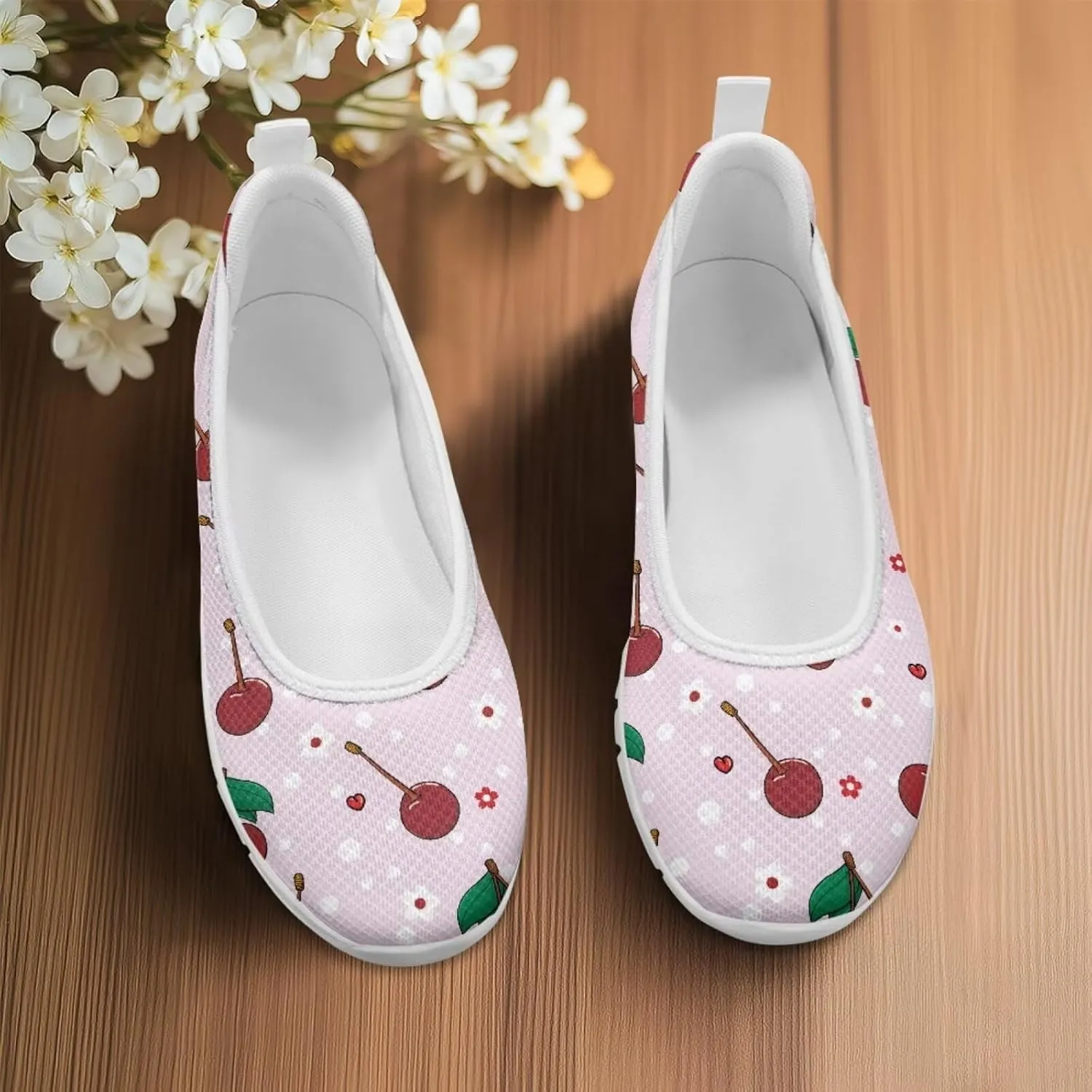 Sweet Fruit Printed Womens Ballet Flats Dress Shoes Slip On Mesh Casual Sneakers Round Toe Platform Loafers Lightweight Office & Travel