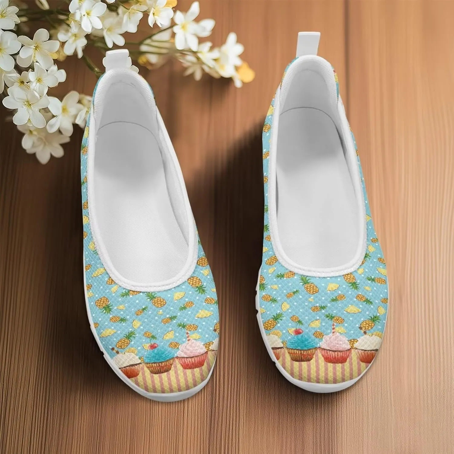 Sweet Fruit Printed Womens Ballet Flats Dress Shoes Slip On Mesh Casual Sneakers Round Toe Platform Loafers Lightweight Office & Travel