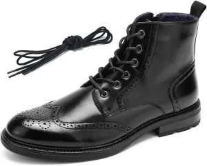 Temeshu Men's Wingtip Ankle Boot Side Zip Motorcycle Oxford Boots (with shoelaces) HH07 Black 7