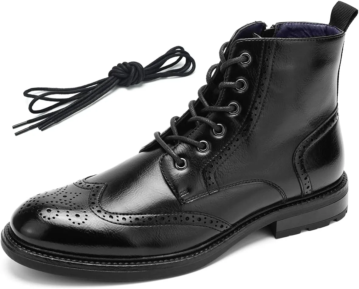 Temeshu Men's Wingtip Ankle Boot Side Zip Motorcycle Oxford Boots (with shoelaces) HH07 Black 7